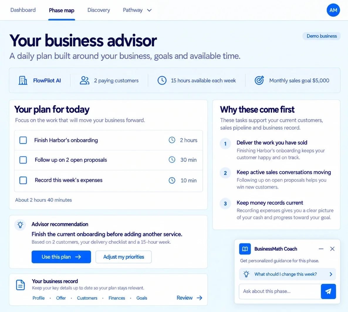 Business advisor screen with a plan for today, reasons the tasks come first and an advisor recommendation to finish the current onboarding before adding another service.
