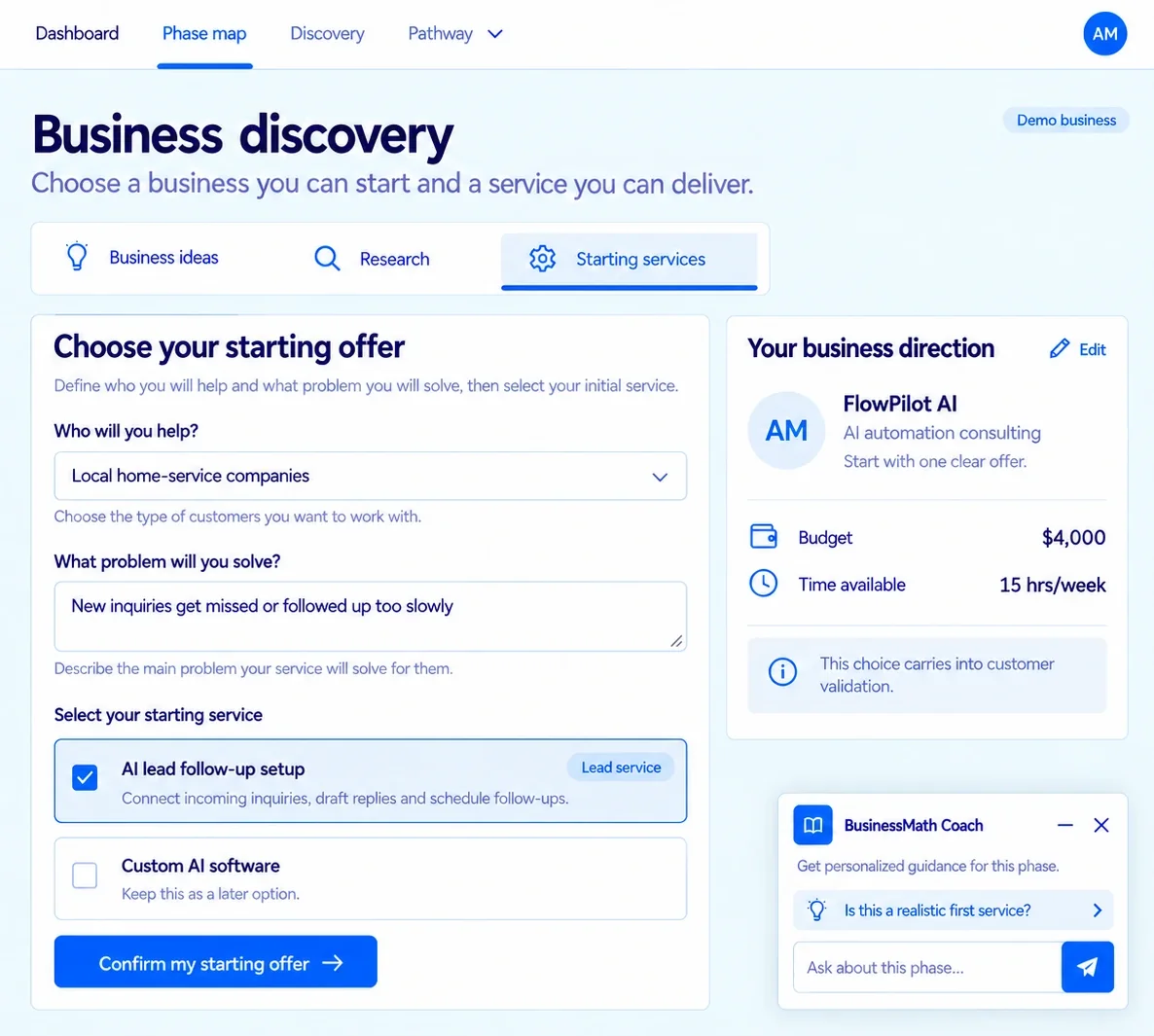 Opportunity Discovery screen. The starting offer targets local home-service companies whose new inquiries get missed or followed up too slowly. AI lead follow-up setup is selected as the lead service.